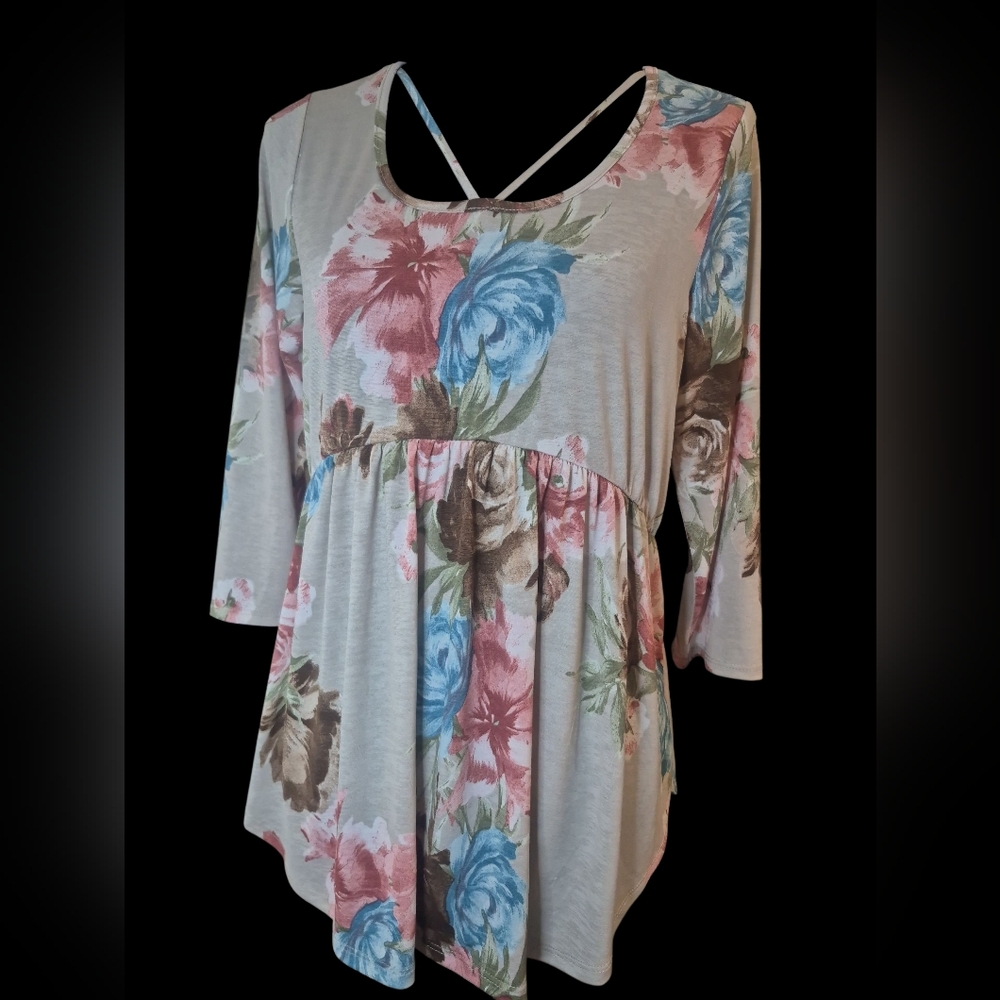Beige Floral Crisscross Front Neck Tunic Honeyme Style Top Size Small
